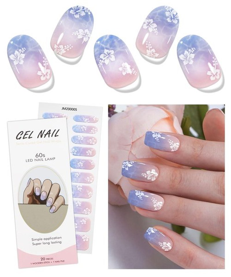 JMEOWIO Gel Nail Stickers Light Purple Pink Flower Semi Cured Gel Nail Strips Wraps UV/LED Nail Supplies Nail Art Design Decoration Accessories