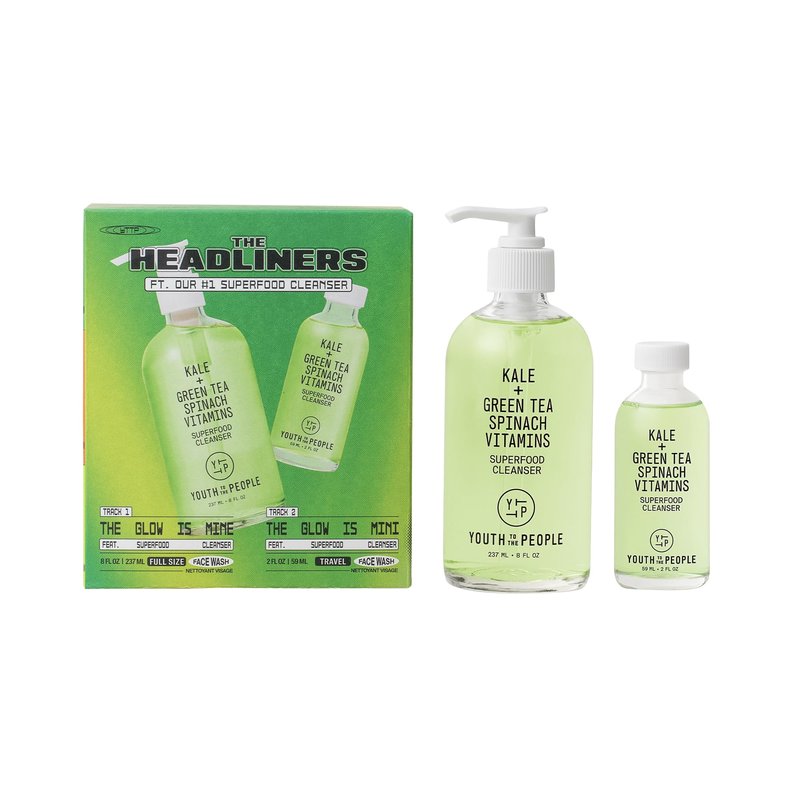 Youth To The People The Headliners Skincare Giftset - 2-Pc Superfood Antioxidant Face Cleanser Set, Full Size & Mini Travel Facial Wash, Gentle Makeup Remover, for Pores, Acne, Blemishes