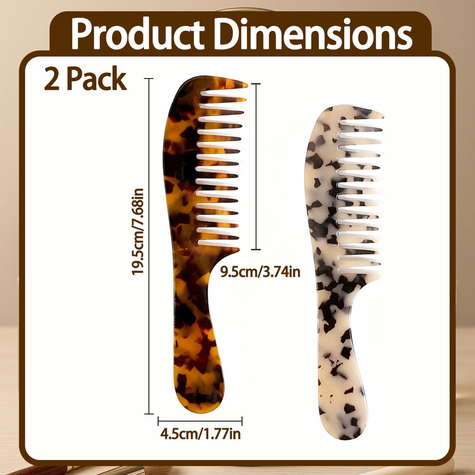 Wide Tooth Comb for women - Large Hair Detangling Comb for Curly Wavy Wet Dry Hair, Cellulose Acetate Combs 2 Pack (Tortoise Shell)