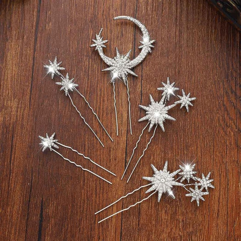 Unicra Star Moon Bride Wedding Hair Pins Crystal Bridal Hair Pieces Rhinestone Goddess Hair Accessories for Women and Girls (Pack of 5) (Silver)