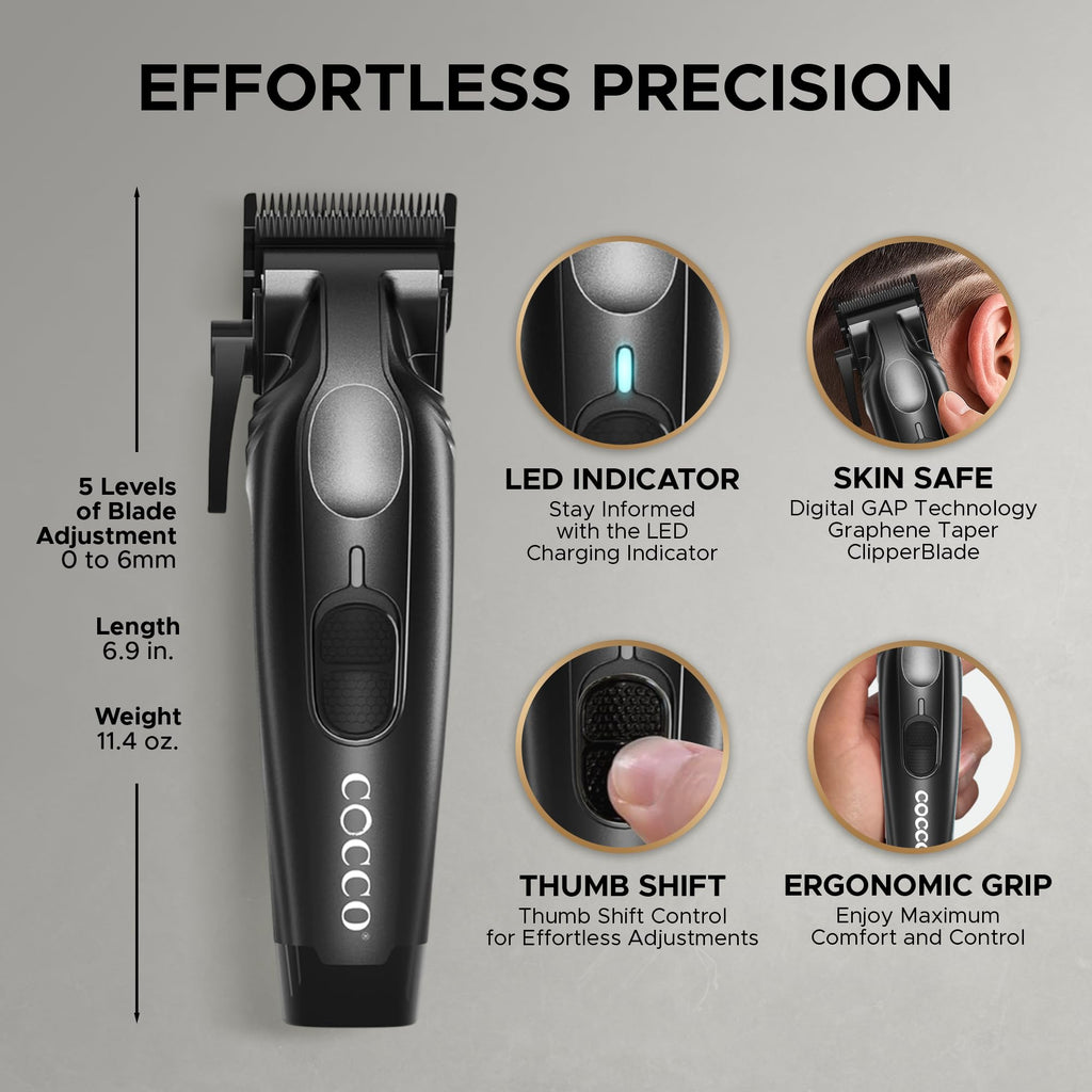 Cocco Veloce Pro Clipper, Digital Gap Ambassador Graphene Taper Blade Professional Hair Clippers, High-Torque BLDC Motor, All-Metal, Cordless, Charging Base Included, Matte Black