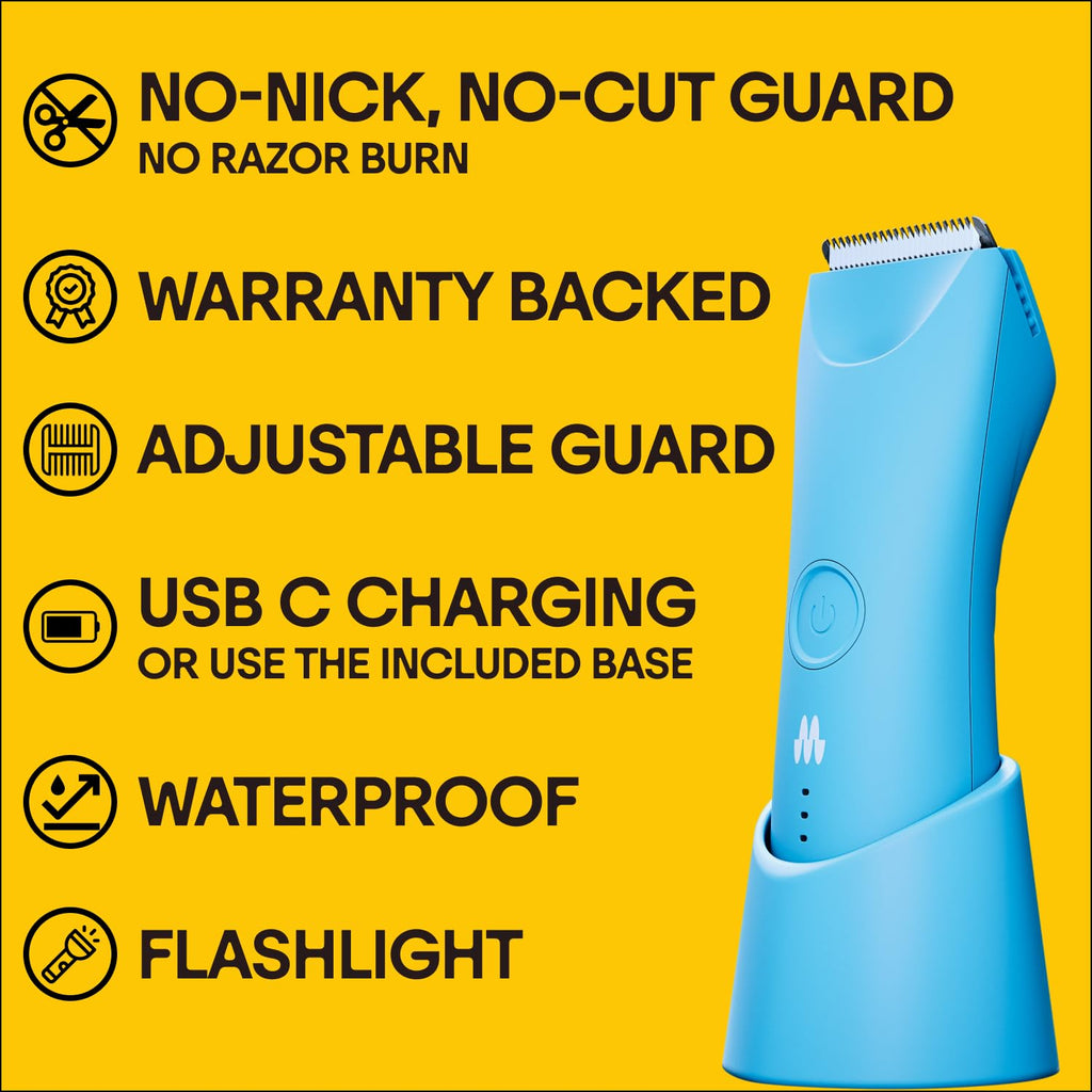 MERIDIAN The Trimmer Plus - Body Hair Trimmer & Waterproof Electric Shaver for Men and Women for Pubic Hair, Chest, Legs & Bikini Line, UBS-C Cable & Charging Dock Included, Sky