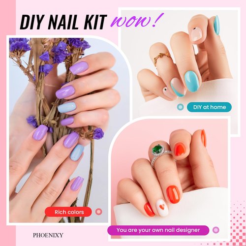 PHOENIXY 71 Pcs Gel Nail Polish Kit with U V Light, 60 Pcs Gel Nail Kit for Beginners with Everything 5 Pcs Base Top Coat Manicure Starter Nail Polish Set Valentine Gifts for Women