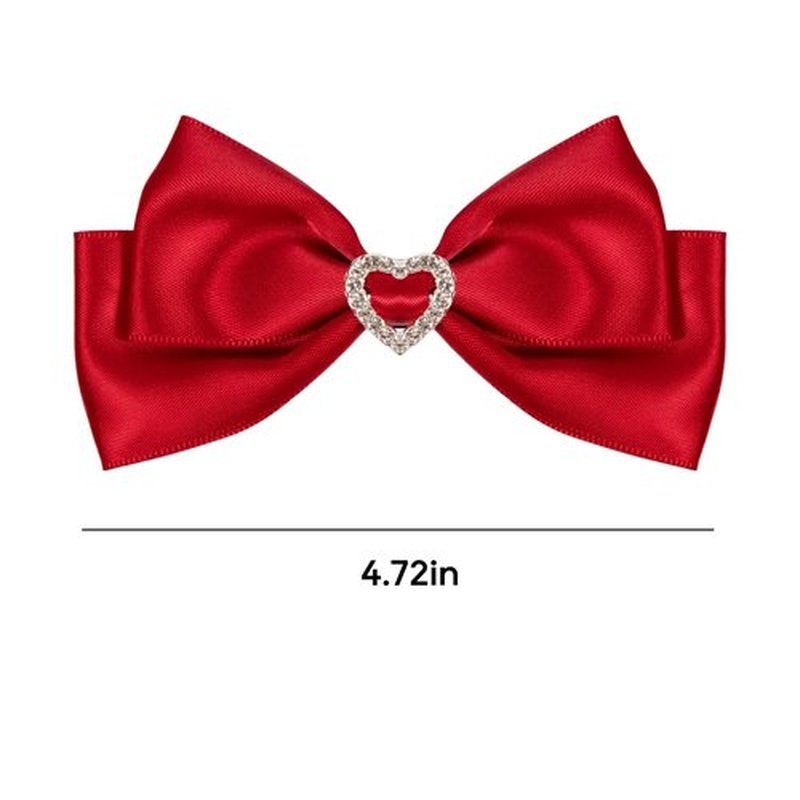 Red Satin Hair Bow Clips, Christmas Valentine School Hairpins with Heart Rhinestones,Handmade Bowknot Hair Accessories for Kids Girls New Year Decor