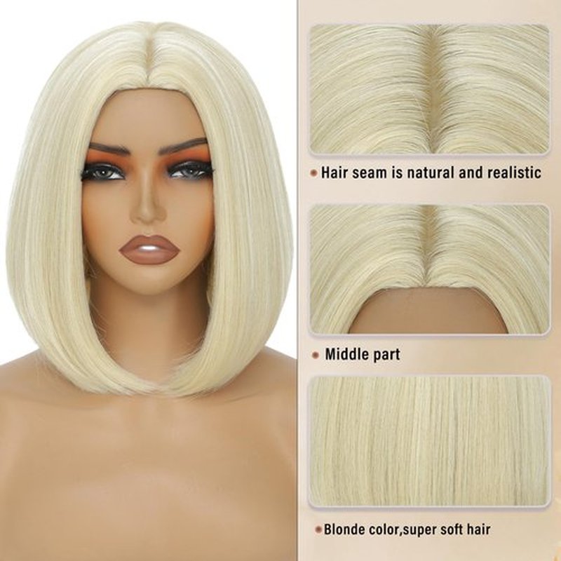 Blonde Bob Wig for Women 12 Inch Straight Blonde Wigs Middle Part Heat Resistant Synthetic Wig