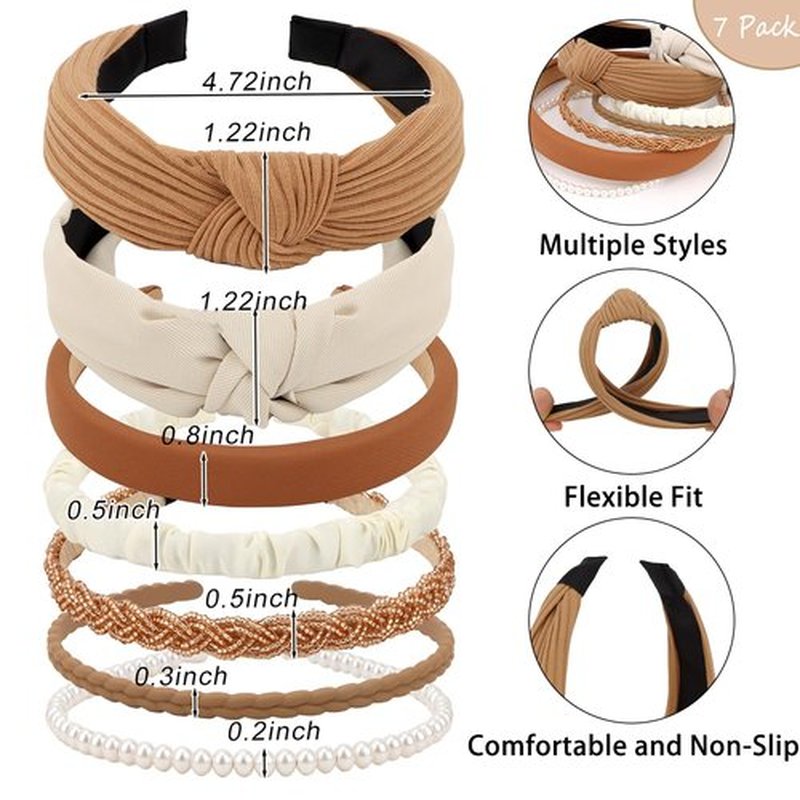 Brimekichio 7 Pack Headband for Women Girls Cute Headbands for Women Cute Pearl Beads Solid Knotted Diademas para Mujer de Moda Cute Hair Accessories