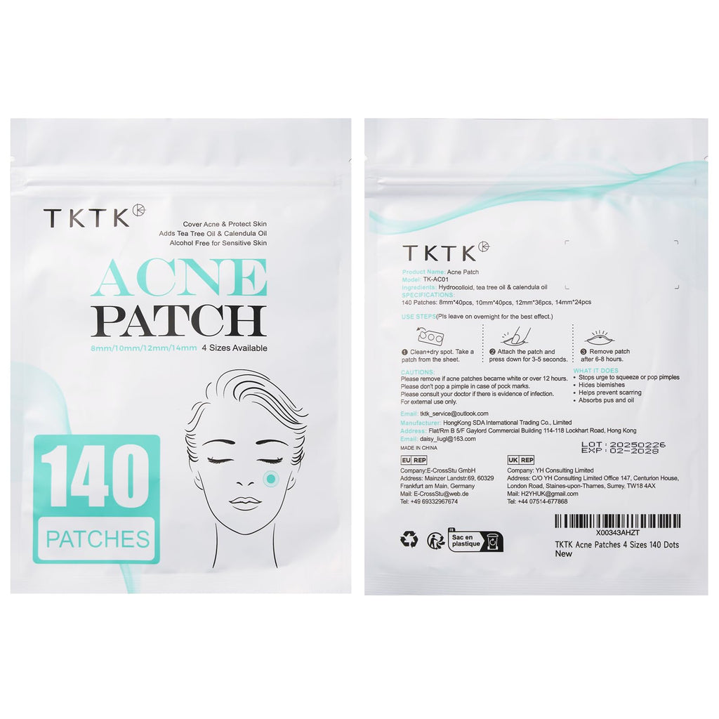 TKTK Pimple Patch Acne Patch, 4 Sizes 140 Patches Acne Absorbing Cover Patch, Hydrocolloid Invisible Acne Patches for Face Zit Patch Acne Dots Tea Tree, Calendula Oil