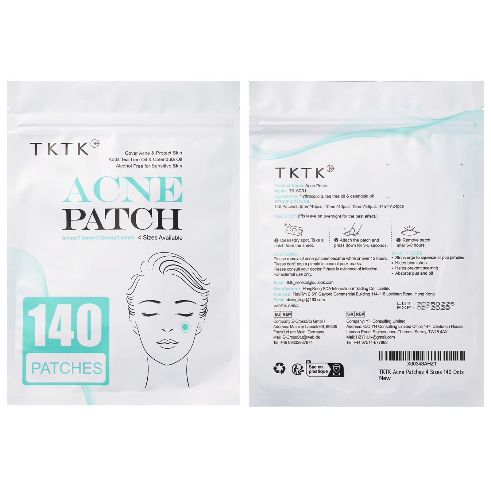 TKTK Pimple Patch Acne Patch, 4 Sizes 140 Patches Acne Absorbing Cover Patch, Hydrocolloid Invisible Acne Patches for Face Zit Patch Acne Dots Tea Tree, Calendula Oil