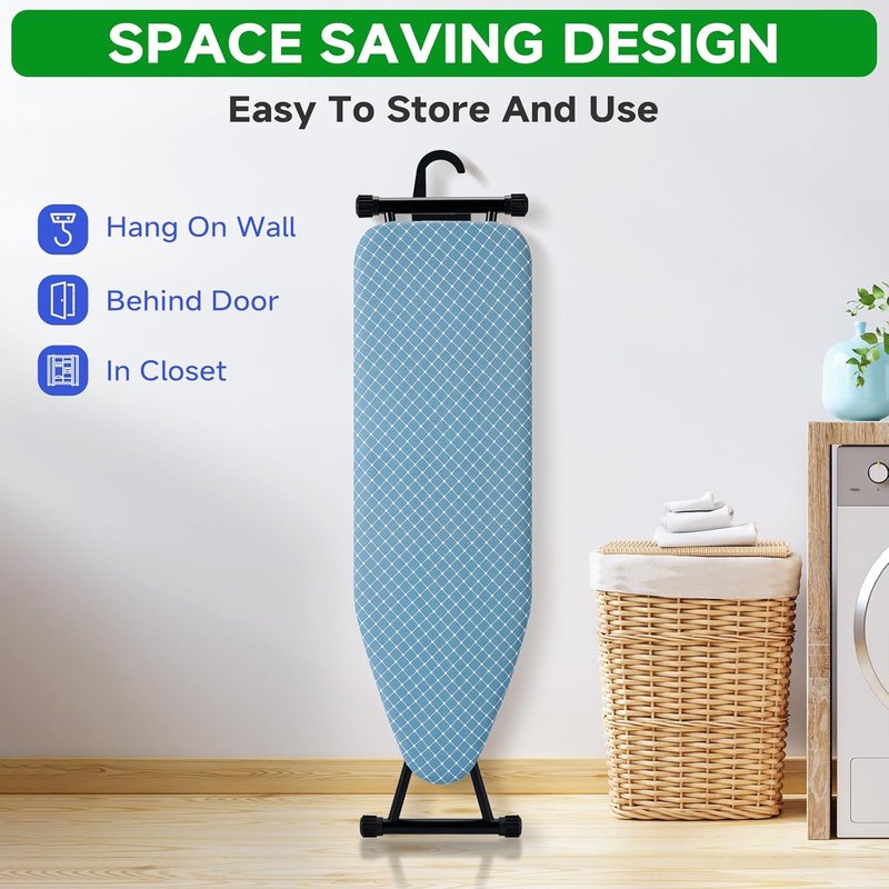 BKTD Compact Ironing Board - Adjustable Height, Heat Resistant Surface | Space-Saving 13" x 43" in Diagonal Checkered Blue