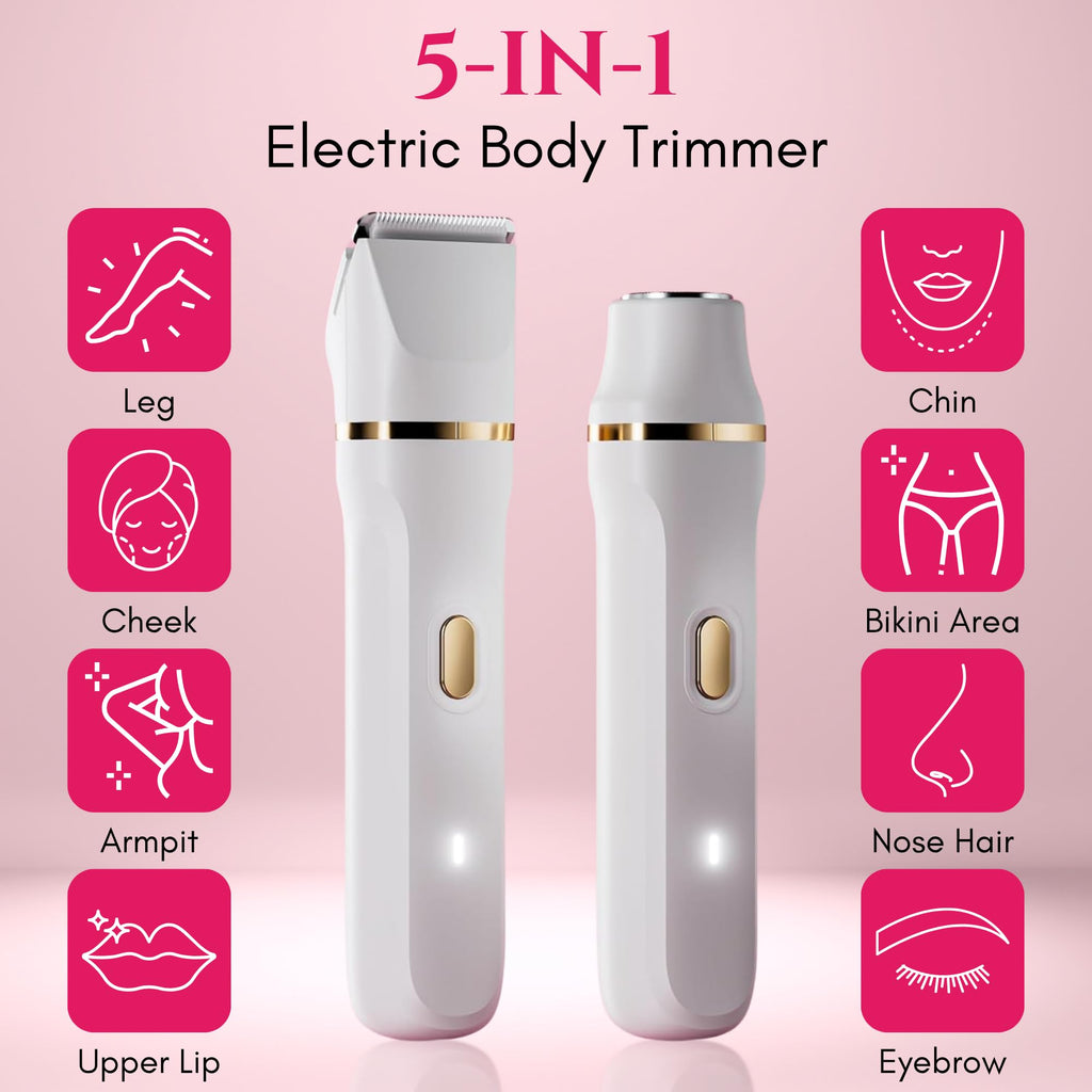Paradise Bliss Quality 5-in-1 Bikini Trimmer Electric Razors with USB Cord, Excellent Facial Hair Elimination, Wet/Dry Body Shaver for Nose, Eyebrows, Beard, Leg, and Arm, IPX7 Waterproof (White)