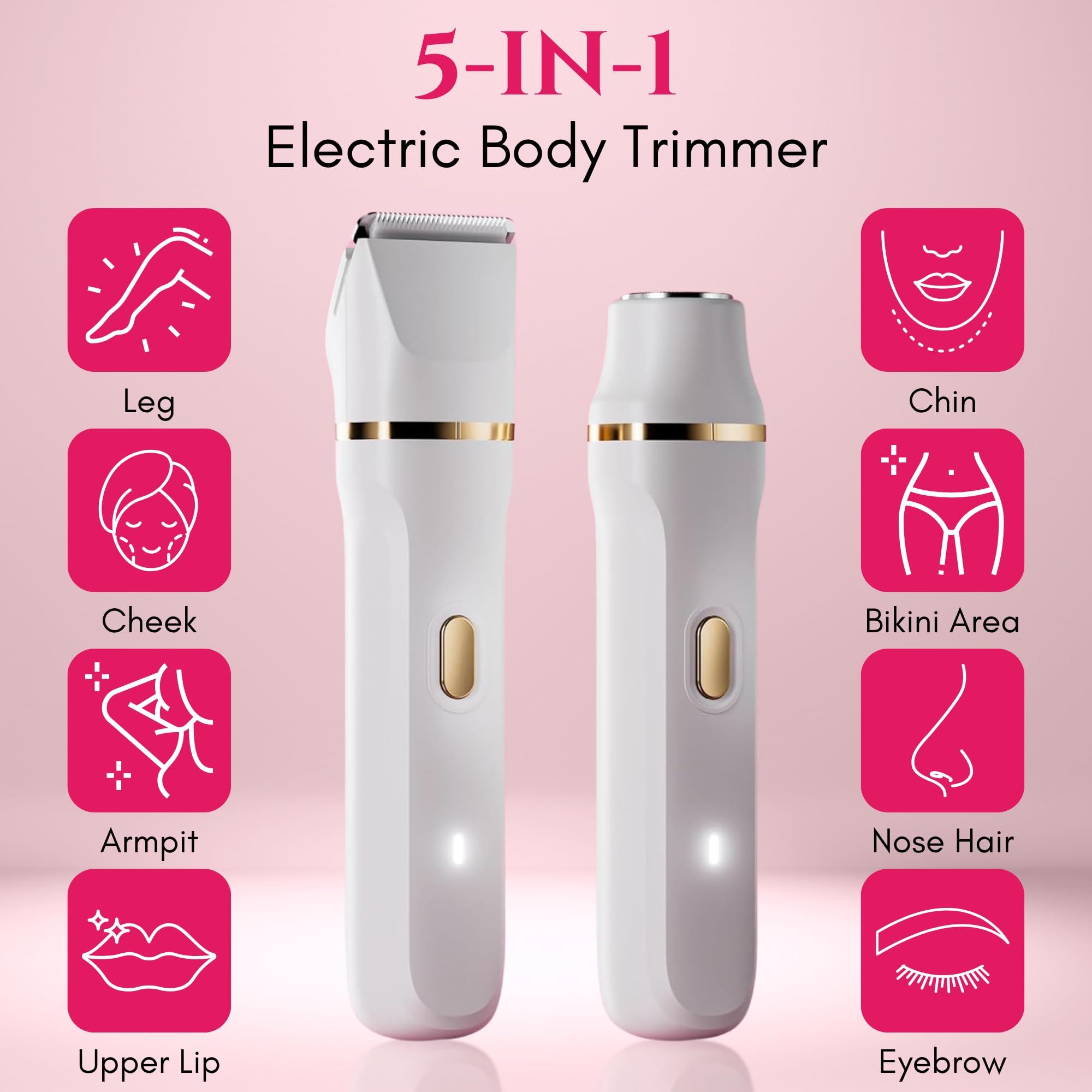 Paradise Bliss Quality 5-in-1 Bikini Trimmer Electric Razors with USB Cord, Excellent Facial Hair Elimination, Wet/Dry Body Shaver for Nose, Eyebrows, Beard, Leg, and Arm, IPX7 Waterproof (White)
