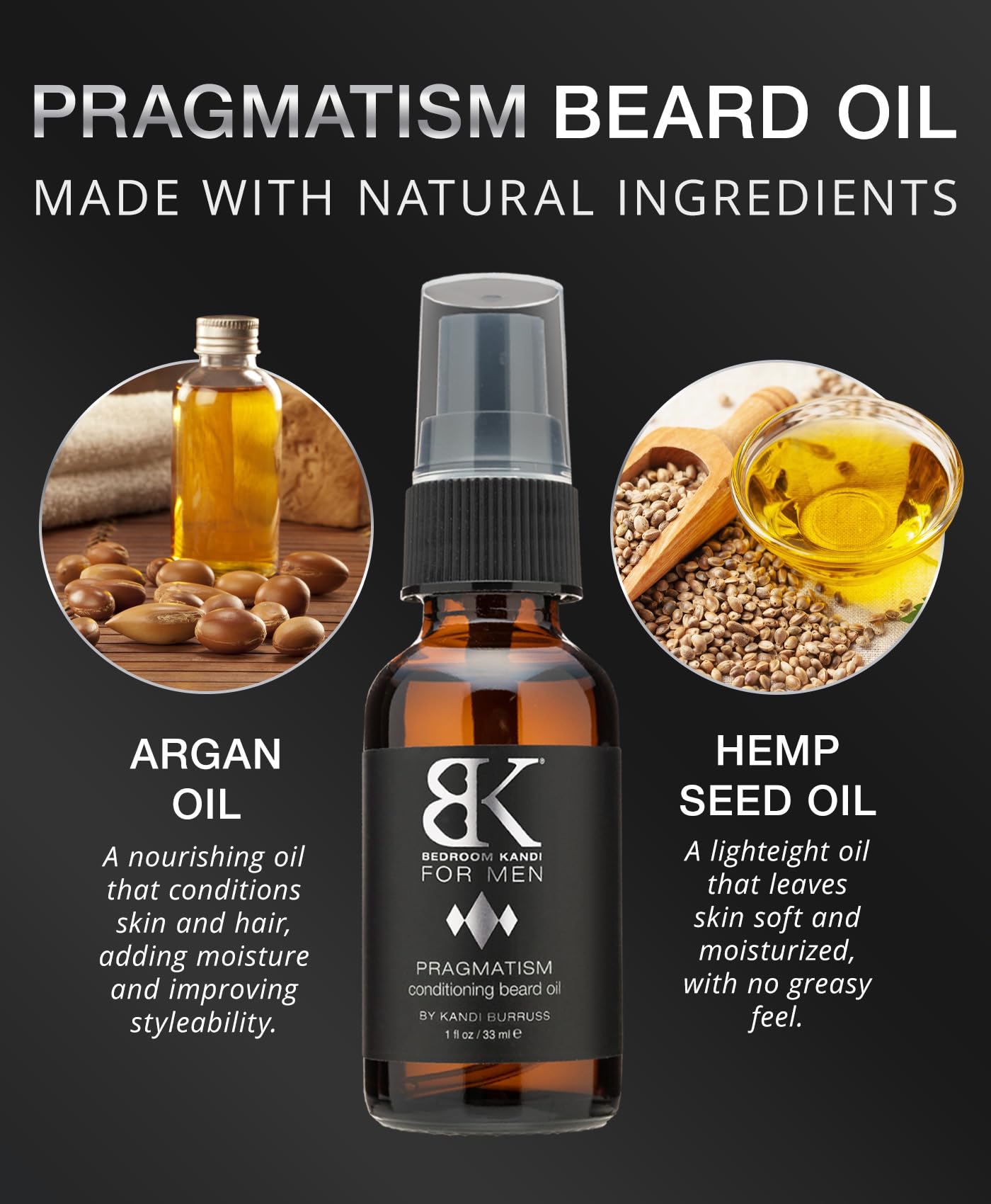 Kandi Bedroom for Men Pragmatism Beard Oil 1 Fl Oz – Ultra-Nourishing Argan & Hemp Beard Conditioner – Soft, Smooth & Controlled Finish – Warm Patchouli & Sandalwood Beard Moisturizer Burruss