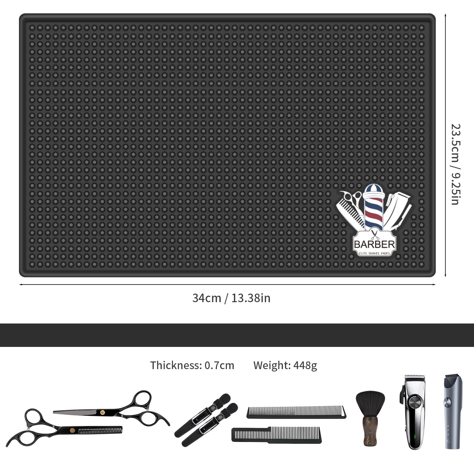 Barber Mat for Clippers Non-Slip Thickened Silicone Non-Slip Mat | Barber Shop Home Counter Workstation Organizer Mat for Scissors, Trimmers, Clippers, Hair Cards, Combs, Razors, etc (13.5*9.5 Inch)