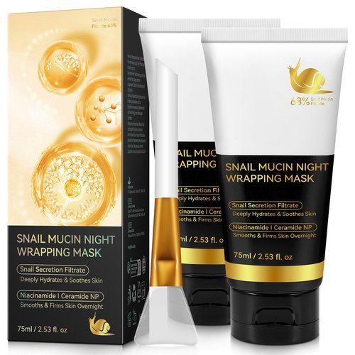 chenyayun 2Pack 9000PPM Snail Mucin Collagen Overnight Wrapping Peel Off Mask for Intensive Hydrating, Skin Barrier Repairing, Reducing Sagging/Wrinkles/Fine Lines, 2.53 Oz/75 ML
