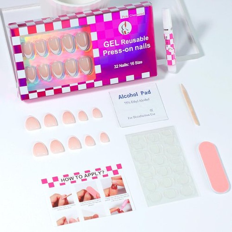 OIFEN 16 Sizes French Extra Short Gel Press on Nails Almond Reusable 32pcs Glossy Fake Nails with Glue and Jelly Stickers,Timeless
