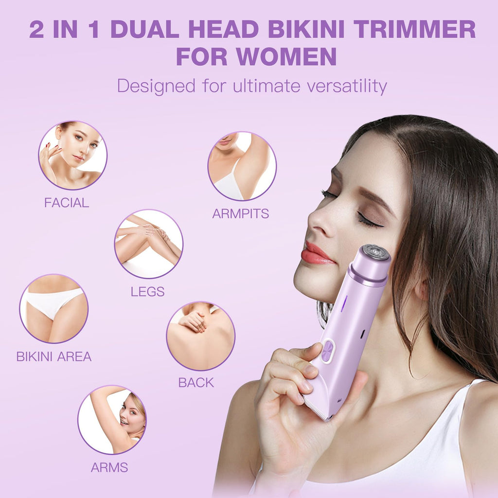 Electric Bikini Trimmer for Women - Gentle Trimming Facial Hair Removal, IPX7 Waterproof, Dual Head, USB Charge, Ceramic Blade, Purple