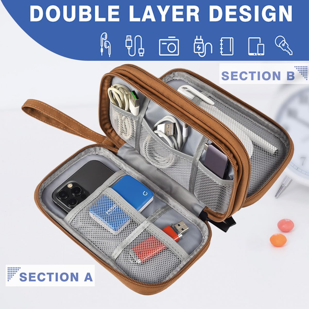 CAAORDKSO Travel Cable Organizer Pouch Electronic Accessories Carry Case Water Resistant Accessories Organizer Pouch Bag for Cable, Cord, Charger, USB, Phone, Power Bank, Earphone (Brown, Medium)