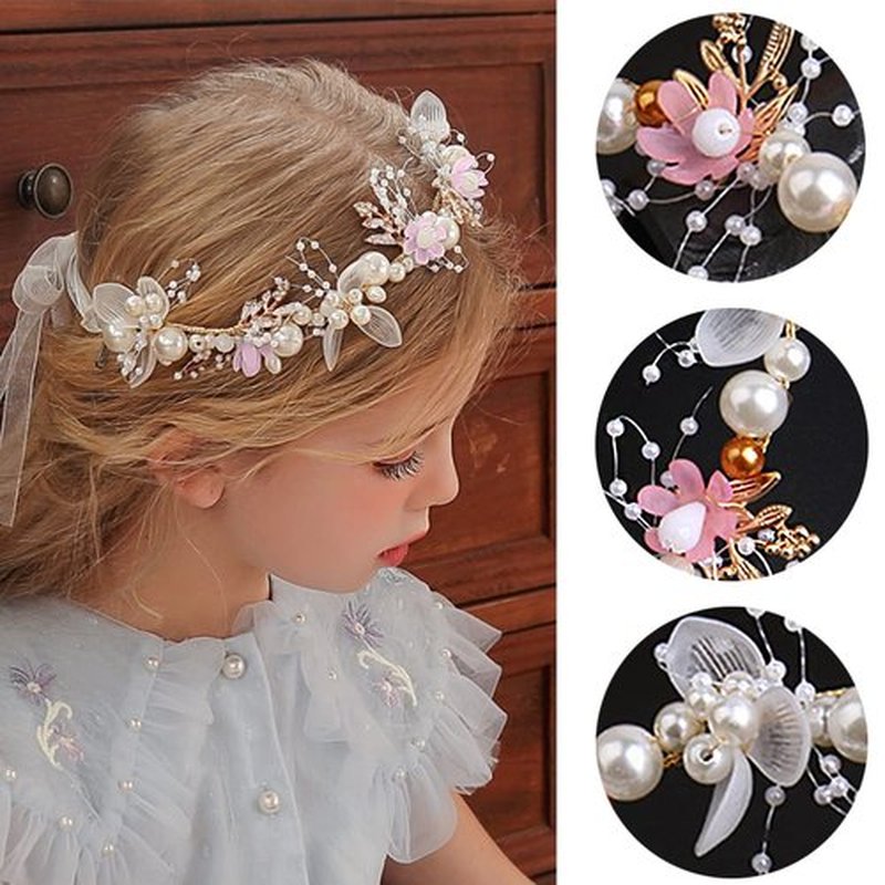 LAPOHI 2 Pieces Wedding Flower Headpieces, Pink Adjustable Hairband with Rhinestones, Pearl, Fairy Crown, Tiara for Girls, Women, Flower Girls, Bridesmaids