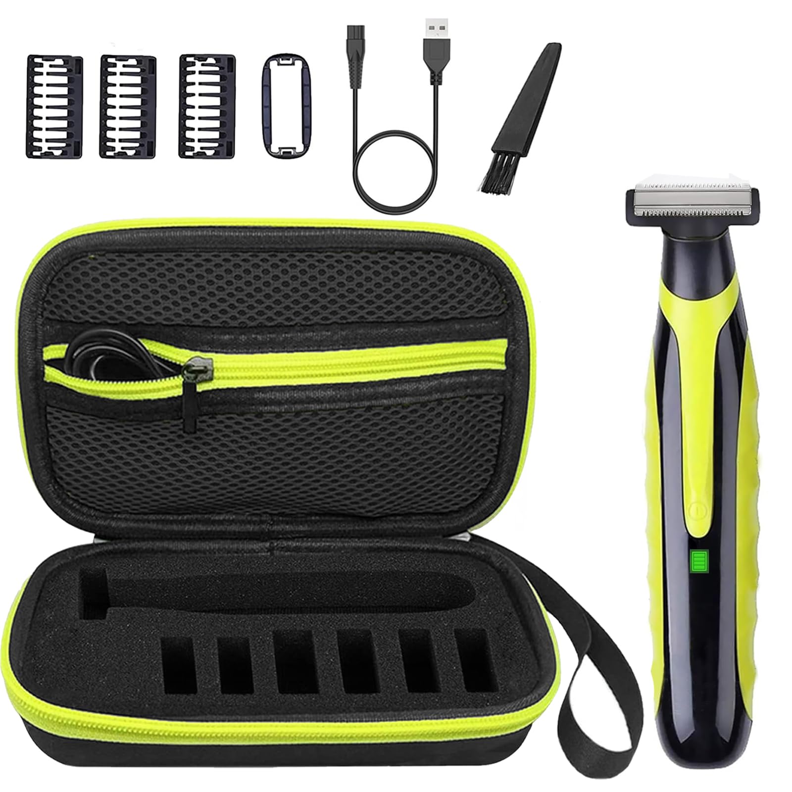 LinMei Men’s Electric Shaver Full Body Wet & Dry Shaver, USB-C Fast Charging, IPX5 Waterproof, Cordless Razor for Face, Head, Body Includes Beard Trimmer Attachment (Trimmer+Black-Green Travel Box)