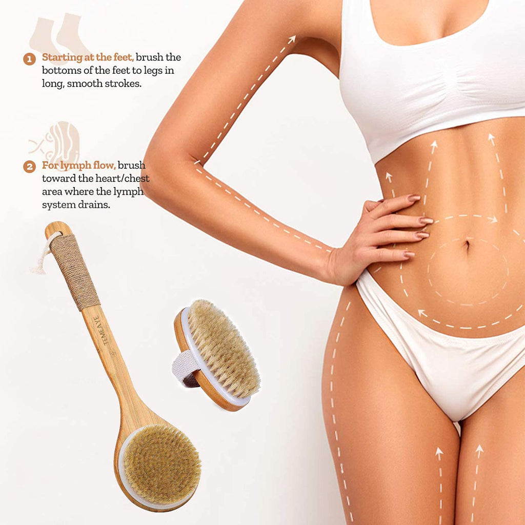 TEMEAYE Dry Brushing Body Brush, Wooden Handle, Natural Bristles, 2Pcs-Set