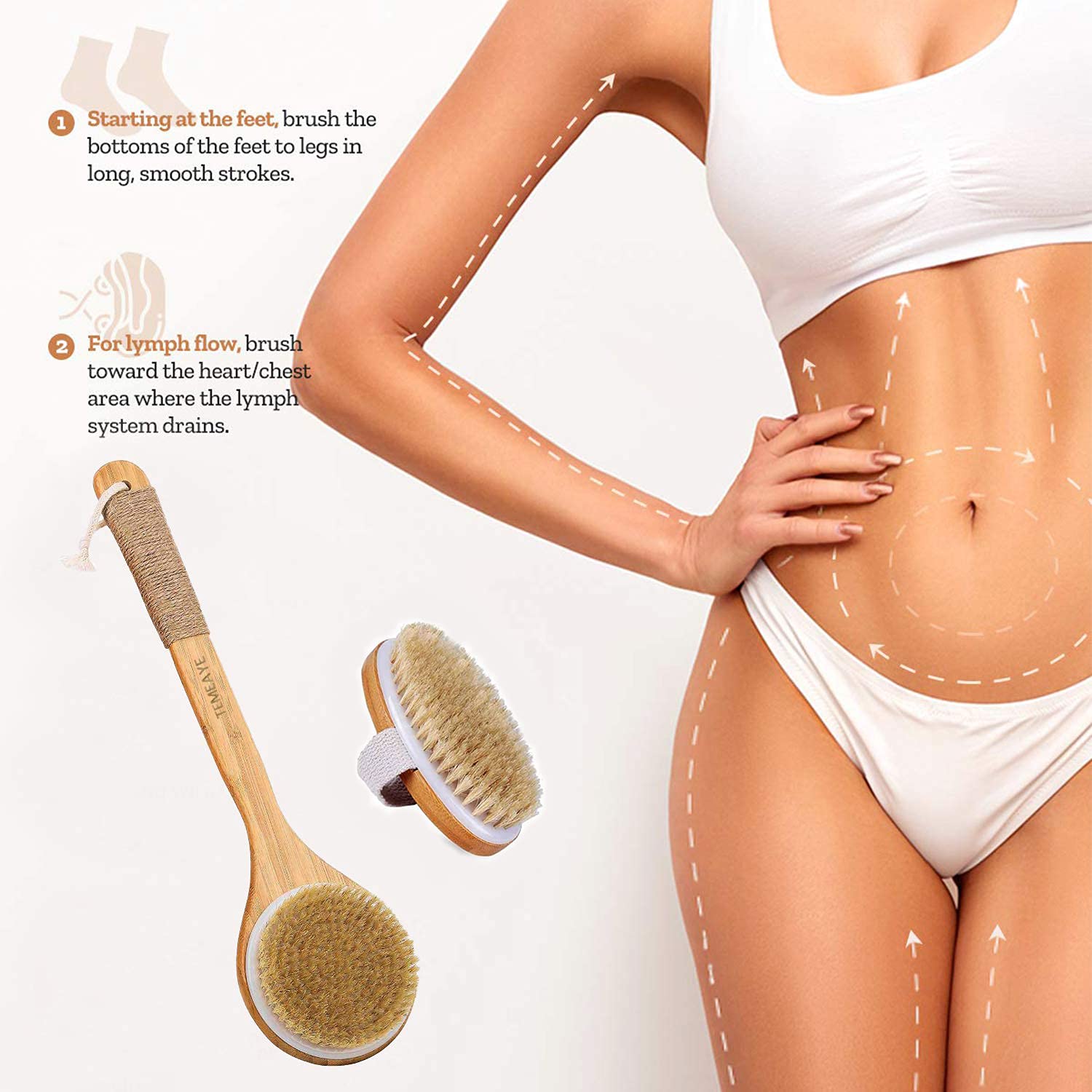 TEMEAYE Dry Brushing Body Brush, Wooden Handle, Natural Bristles, 2Pcs-Set