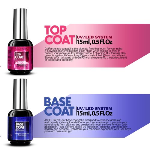 GELPARTY Gel Top Coat & Base Coat Set 2x15ml – No Wipe, HEMA-Free, Long-Lasting UV/LED Soak-Off Gel Nail Polish Kit, High Gloss Shine, Strong Adhesion, Chip-Resistant, Salon & DIY Manicure Essentials