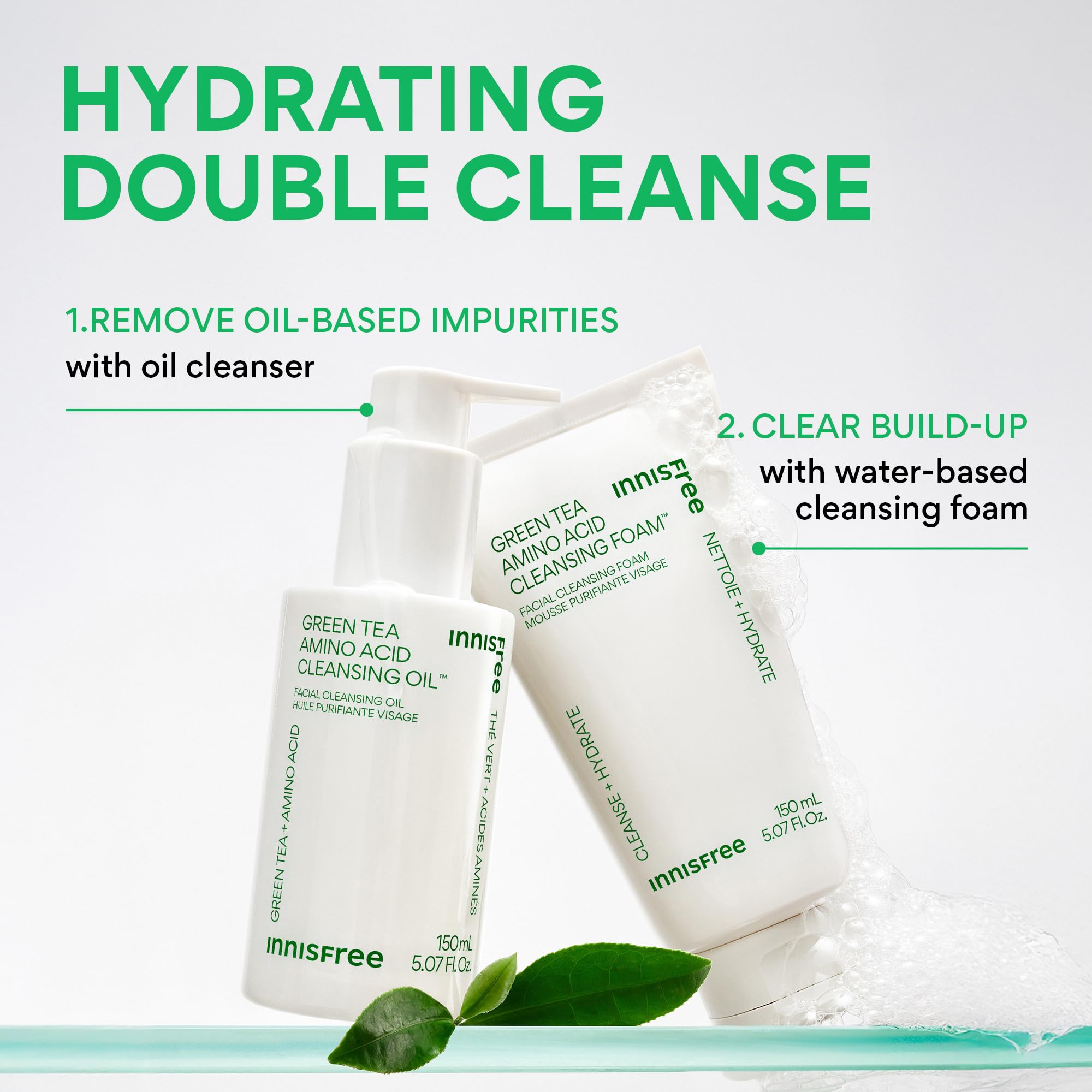 innisfree Green Tea Amino Acid Cleansing Foam,Sulfate-Free Hydrating Korean Face Wash,Gentle Lather,pH-Balanced Skincare,(Pack of 2)