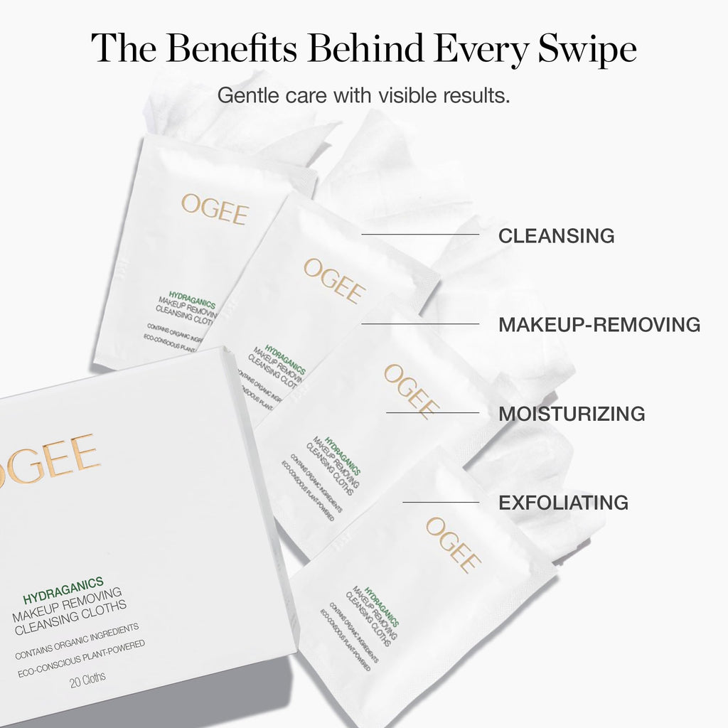 Ogee Gentle Moisturizing Facial Cleansing Cloths and Makeup Remover Wipes (20ct)