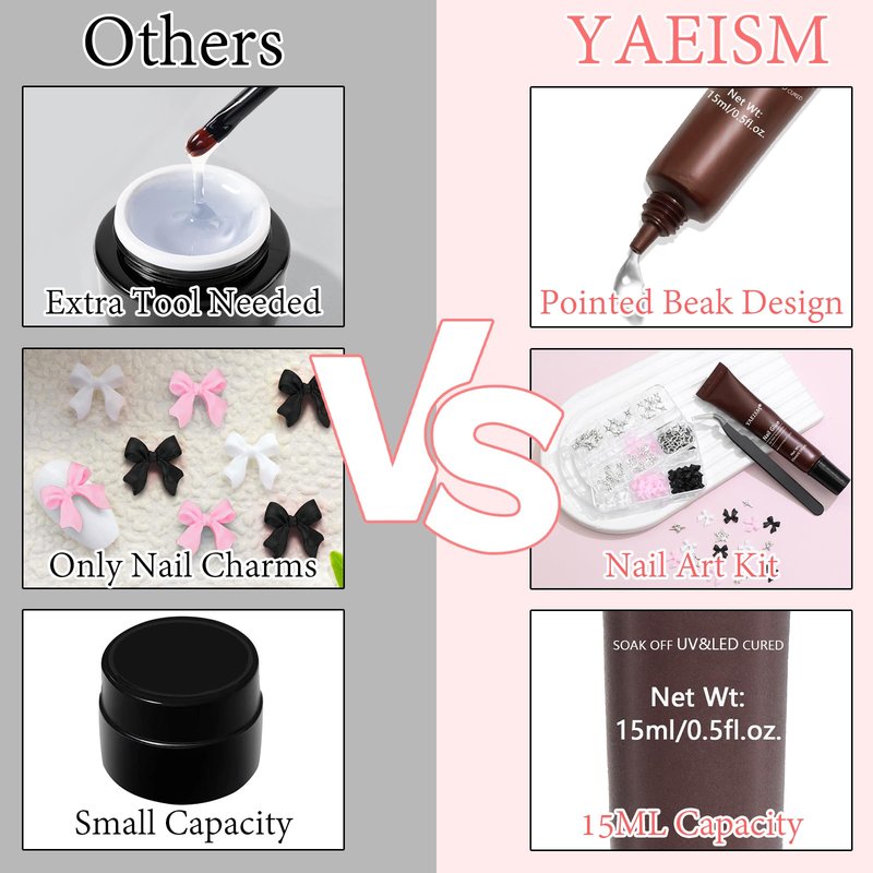 YAEISM Bow Nail Charms Kit, 3 Colors Resin Bows, 6 Types Star Charms, Shiny Rhinestones with Glue Gel, Tweezer and Pickup Pencil for Nail Art and DIY Crafts Decoration