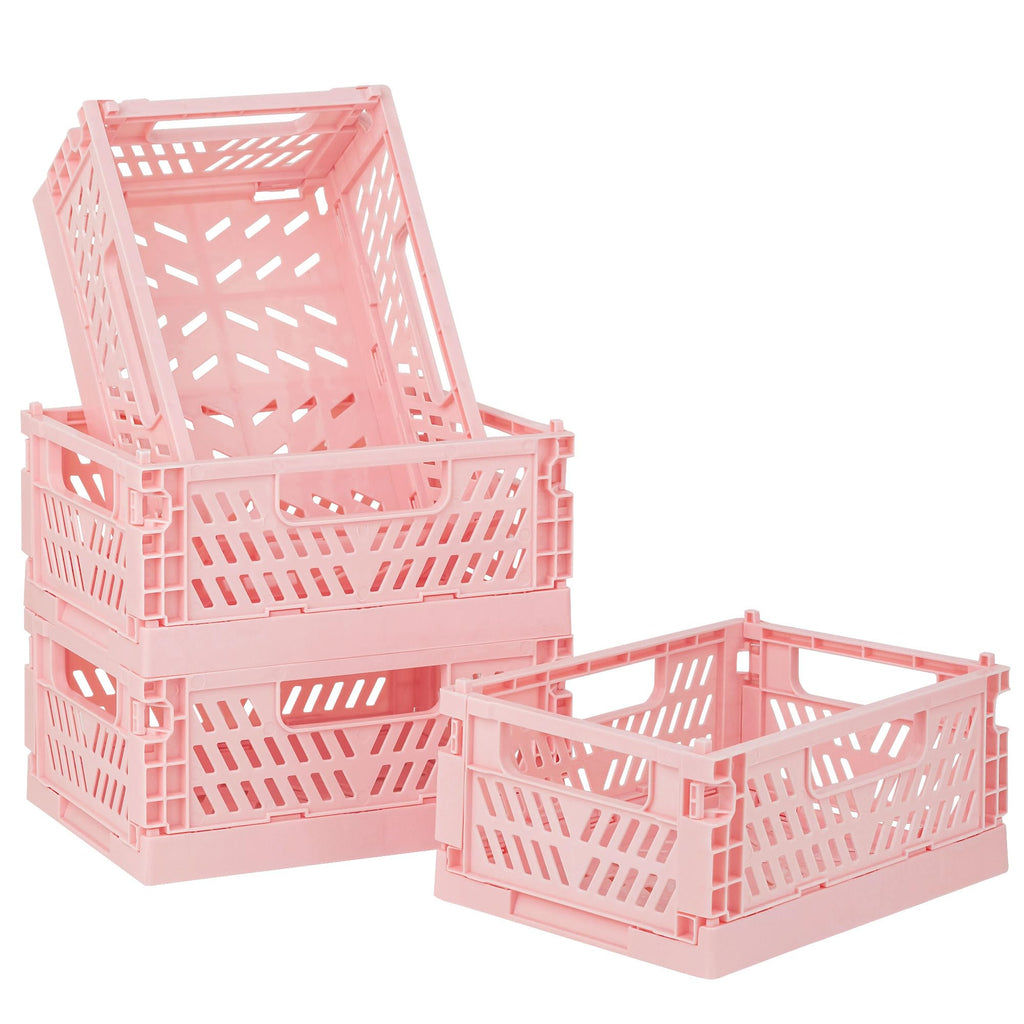 4-Pack Pink Baskets Plastic Storage Crate Small Baskets for Organizing Collapsible Storage Crates for Desk Organizers,Stackable Cute Storage Bins for Classroom,Office,Bathroom 5.9"x 3.9" x 2.3"