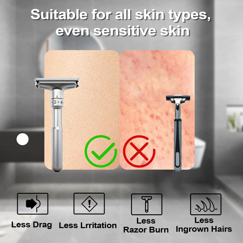 Travel Double Edge Safety Razor, Classic Safety Shaver Razor with Long Handle Adjustable (Razor with Beard Shaping Tool and Hot Compress Shaving Towel)