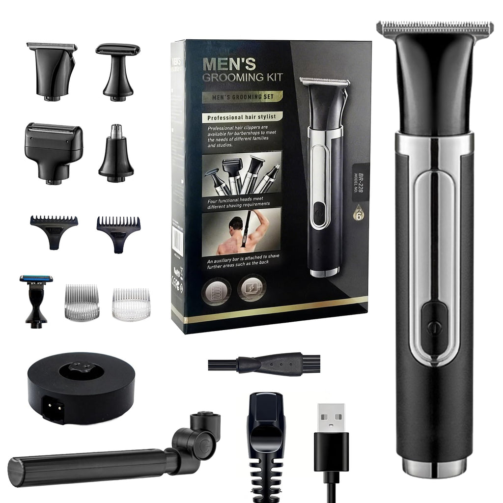 Back Shaver for Men Long Handle 5 in 1 Electric Body Hair Trimmer for Men Back Shaver Kit with Barber Blade, Combination Shaver Head, Nose Trimmer, Body Groomer Portable Waterproof Body Hair Groomers