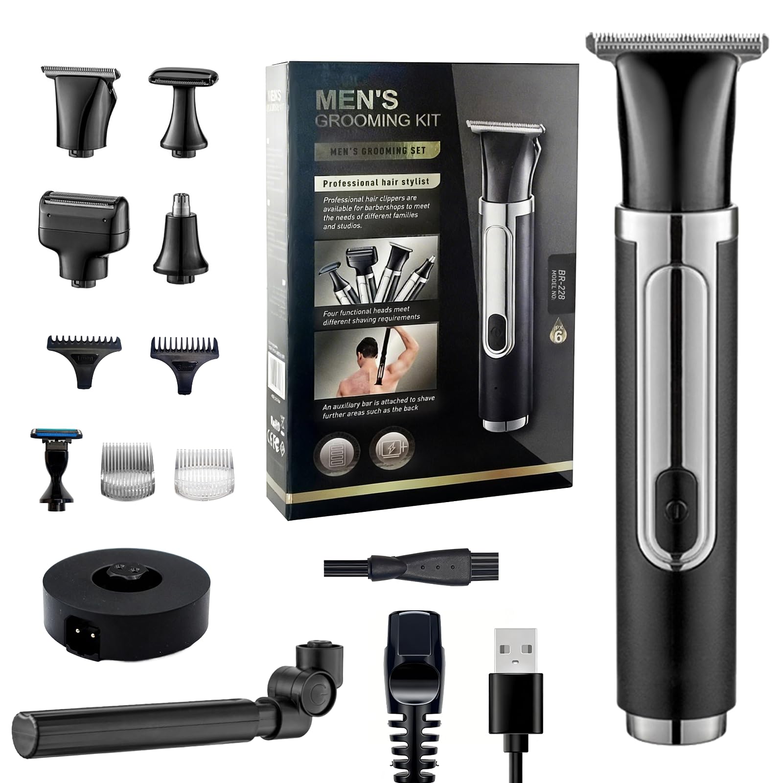 Back Shaver for Men Long Handle 5 in 1 Electric Body Hair Trimmer for Men Back Shaver Kit with Barber Blade, Combination Shaver Head, Nose Trimmer, Body Groomer Portable Waterproof Body Hair Groomers