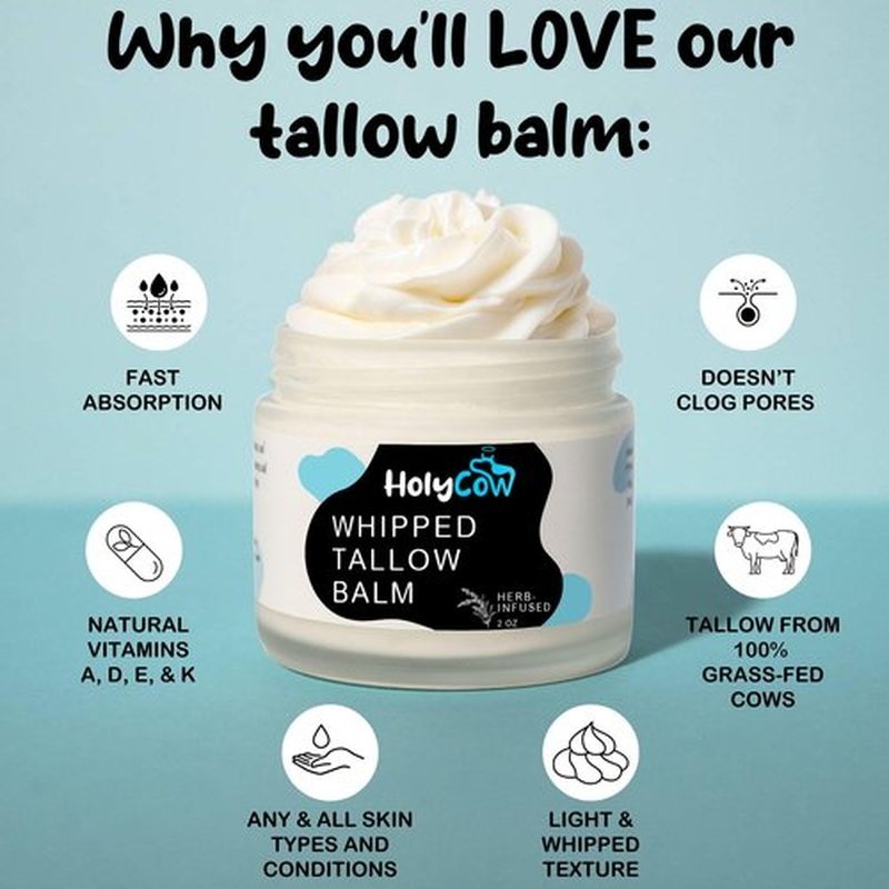 HolyCow Beef Tallow For Skin - Whipped Tallow Balm with Organic Jojoba Oil (Unscented/Herb-Infused), Grass Fed Beef Tallow Face Moisturizer for Eczema, Baby, Lip Balm - Lotion For Extremely Dry Skin