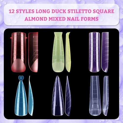 288pcs Long Mixed Dual Nail Forms Clear Multicolor Full Cover Nail Art Mold with Scale for Polygel Extension Beginners DIY Manicure 12 Styles Long Duck Stiletto Square Almond Mixed Nail Forms
