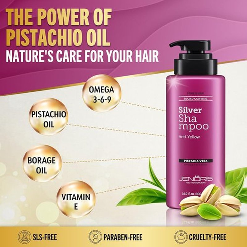 Jenoris Silver Purple Shampoo - Neutralizes Yellow & Brassy Tones for Blonde, Gray & Lightened Hair | 16.9 Fl Oz