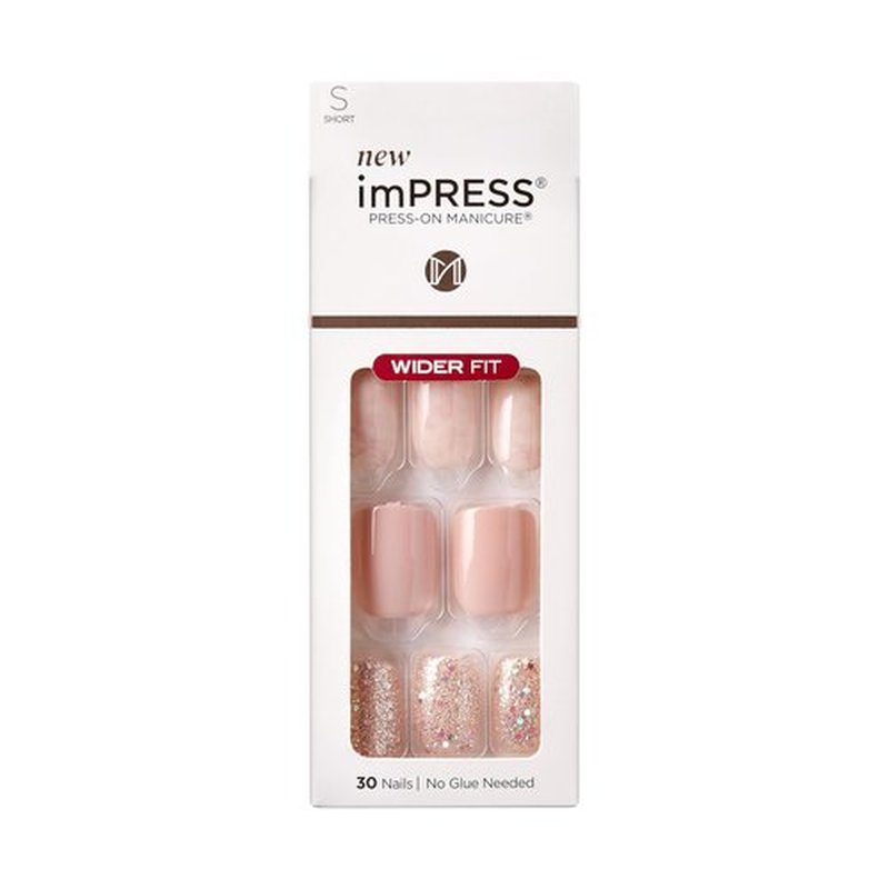 KISS imPRESS No Glue Mani Press On Nails, Design, 'Just a Dream', Pink, Short Size, Squoval Shape, Includes 30 Nails, Prep Pad, Instructions Sheet, 1 Manicure Stick, 1 Mini File