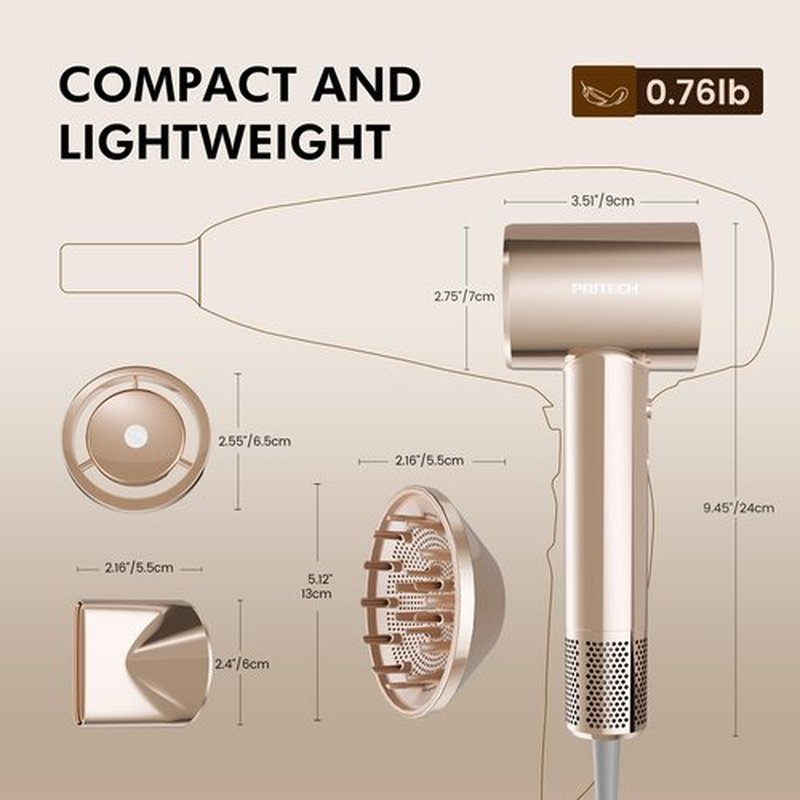 PRITECH High-Speed Ionic Hair Dryer with Diffuser,200M Negative Ions with Hair Oil-Infused Blowout Gilded Pro Blow Dryer,1500W Brushless Motor 5X Fast Dry,Low Noise, Lightweight for Travel Home Salon