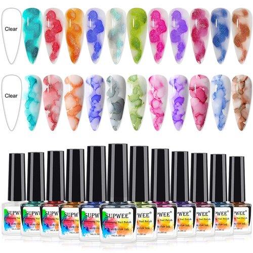 SUPWEE Blooming Watercolor Ink Nail Polish Marble Nail Polish Flower Blossom Nails for Spreading Marble Effect Manicure 12 Colors 7ml(0.25fl oz)