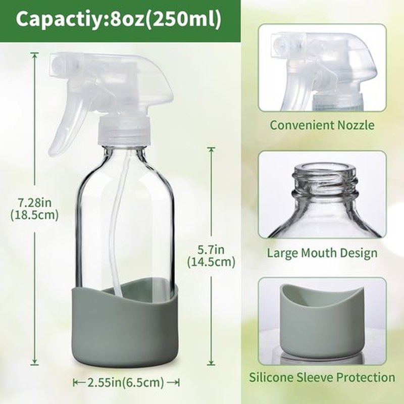 Skiennix 8oz Clear Glass Spray Bottle - Refillable, Leakproof & Eco-Friendly with Adjustable Nozzle | Perfect for Cleaning, Hair, Plants & Essential Oils (1 Pack)