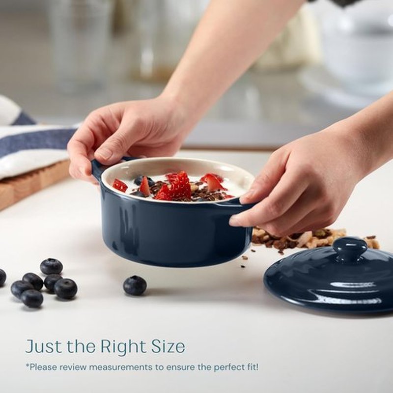Kook Mini Cocotte Set - 12 oz Individual Baking Ramekins with Lids | Oven Safe, Microwave & Dishwasher Safe, Navy - Set of 4