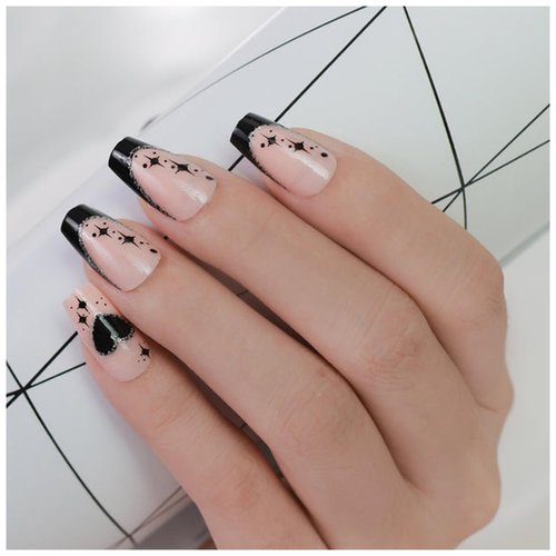 GALSPRO Short Press on Nails - Set of 24 Fake Nails with Designs in 12 Different Sizes for Perfect Fit, Cute False Nails Kit for Women with 0.07oz Nail Glue (NOIR CELESTIAL COFFIN SHAPE, Short)