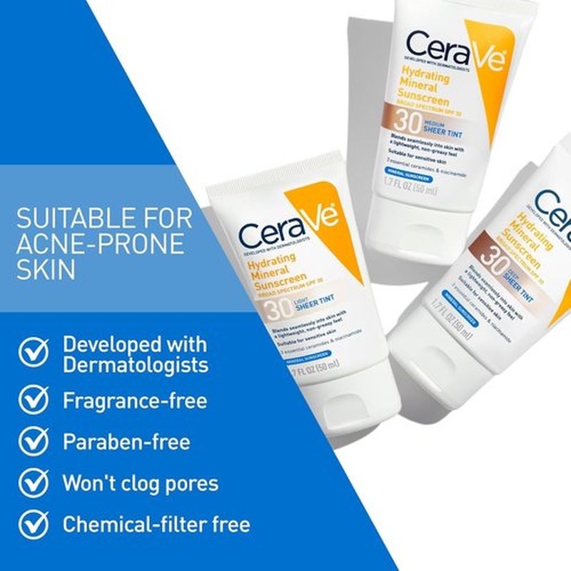 CeraVe Hydrating Mineral Sunscreen SPF 30 - Tinted Zinc Oxide Formula for a Healthy Glow, 1.7 Oz