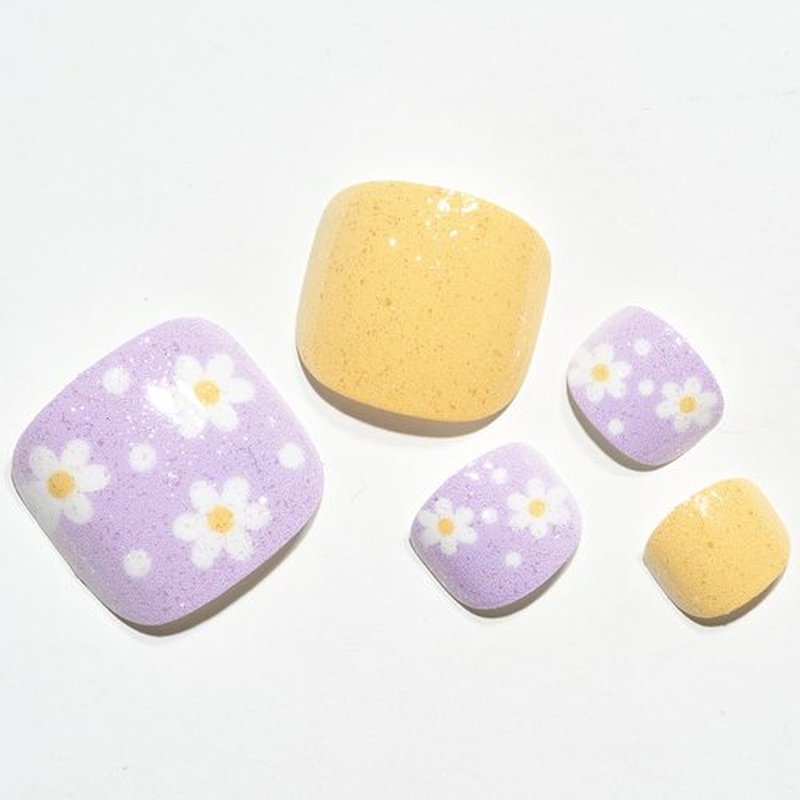 GLAMERMAID Press on Toenails, Spring Summer Purple and Yellow Flower Gel Glue on Toe Nails, Glossy Round Toe Nails Reusable UV Finish Fake Nails Acrylic False Nails Manicure Kits for Women