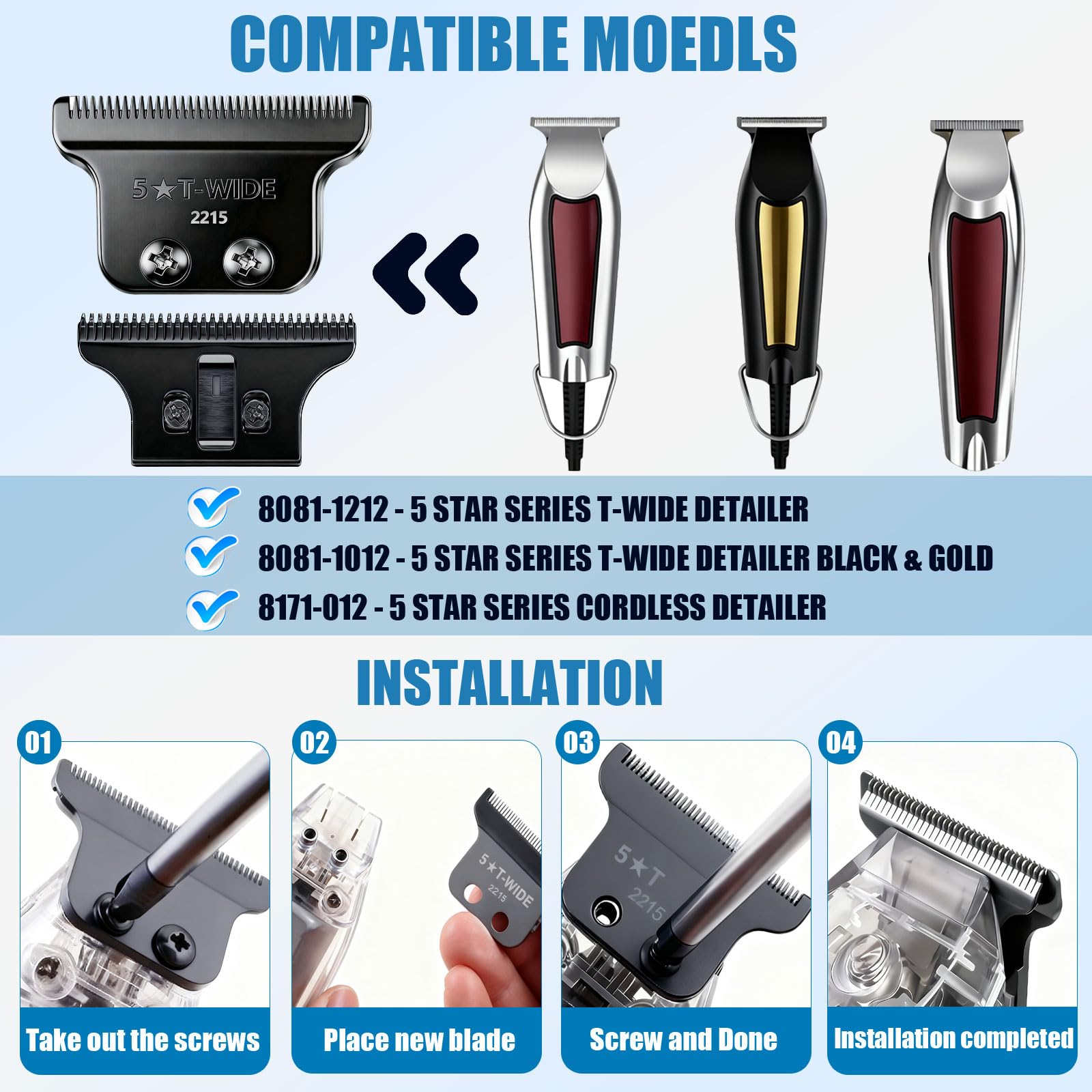 2215 Adjustable Zero-Gap T Blade Replacement for Wahl 5 Star Detailer Li Trimmer Models 8081/8171 (Black)