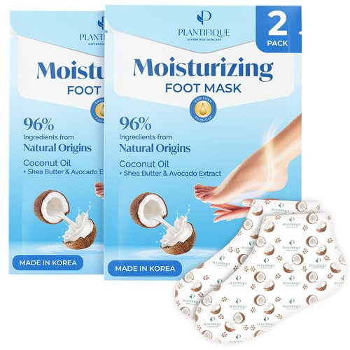 PLANTIFIQUE Foot Peel Mask with Peach 2 Pack and Hydrating Foot Mask for Dry & Cracked Feet