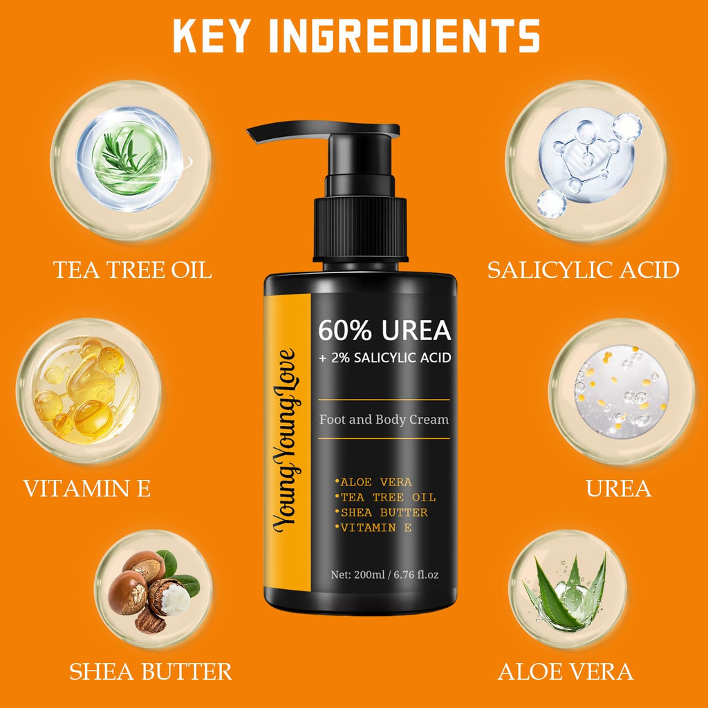 YOUNGYOUNGLOVE Fragrance Free 60% Urea Cream plus 2% Salicylic Acid, for Dry Cracked Hands Knees Feet Heels, Repair Unscented Foot Cream for Dead Skin, Lotion for Moisturizing and Softening 6.76 OZ