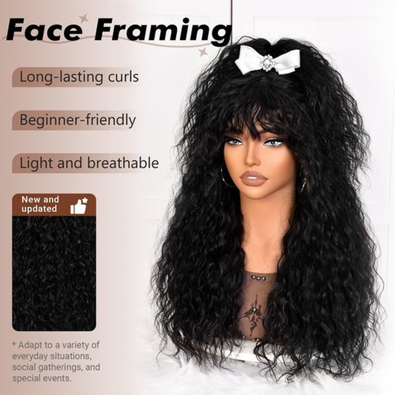 Annivia Curly Wig human hair for Black Women 200 Density Long Curly Wig with Bangs 100% Human Hair Black wigs for Daily 22Inch
