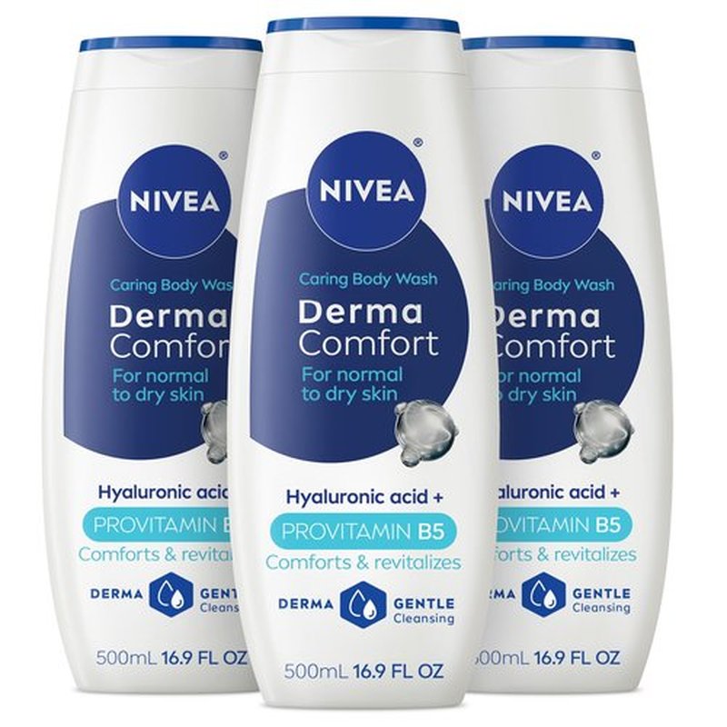 NIVEA Derma Comfort Caring Body Wash for Normal to Dry Skin, Body Wash with Hyaluronic Acid and Provitamin B5, 16.9 Fl Oz Bottle, Pack of 3