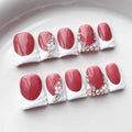 French Tip Press on Nails Handmade Short Duck 3D Flower Thick Acrylic Nails White False Nails with Floral Rhinestones Designs Elegant Glossy Fake Nail Sturdy Wedding Art Press on Nail 10Pcs(S)